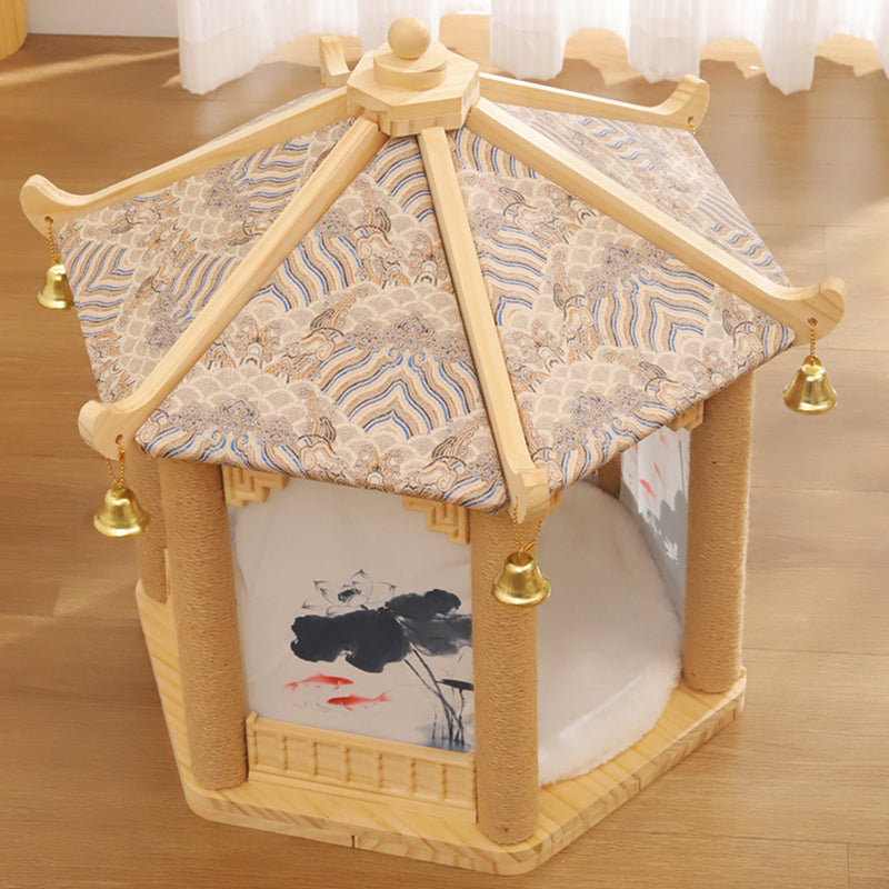 Traditional Chinese Hexagonal Solid Pine Wood Fabric Sisal Pavilion Design Cat Tree For Bedroom & Living Room