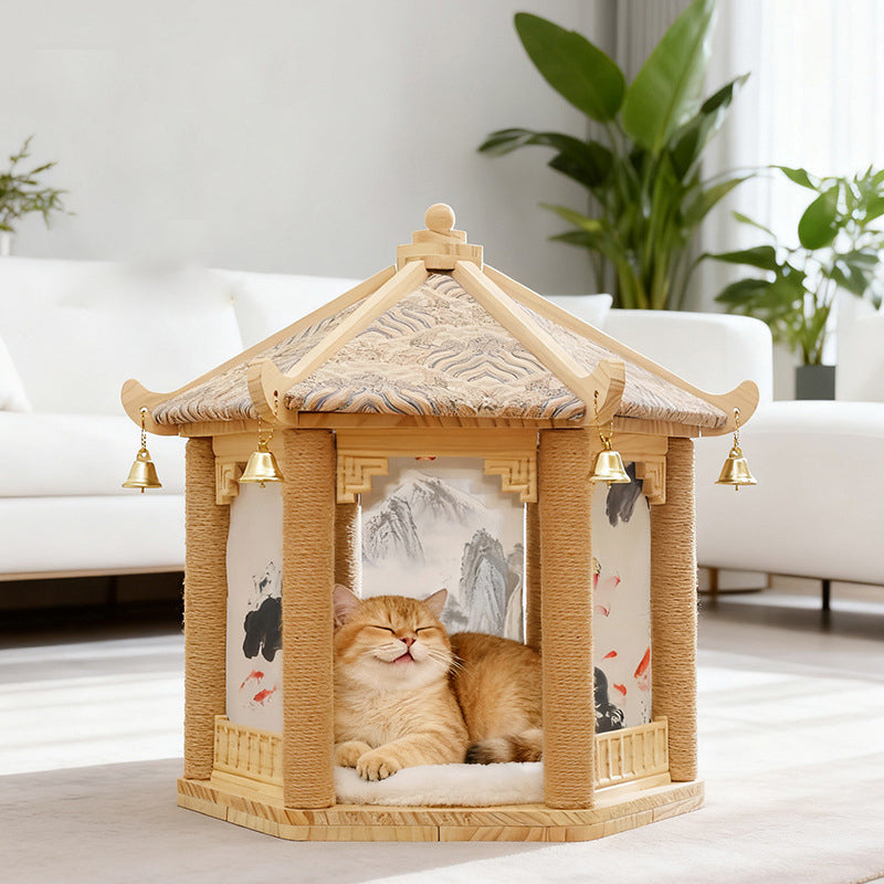 Traditional Chinese Hexagonal Solid Pine Wood Fabric Sisal Pavilion Design Cat Tree For Bedroom & Living Room