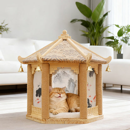Traditional Chinese Hexagonal Solid Pine Wood Fabric Sisal Pavilion Design Cat Tree For Bedroom & Living Room