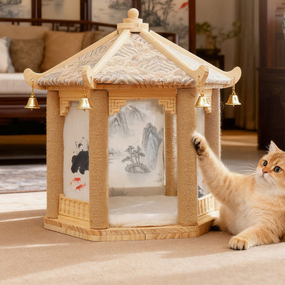 Traditional Chinese Hexagonal Solid Pine Wood Fabric Sisal Pavilion Design Cat Tree For Bedroom & Living Room