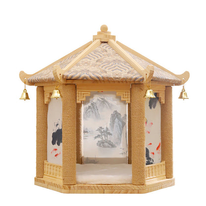 Traditional Chinese Hexagonal Solid Pine Wood Fabric Sisal Pavilion Design Cat Tree For Bedroom & Living Room