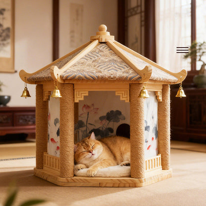 Traditional Chinese Hexagonal Solid Pine Wood Fabric Sisal Pavilion Design Cat Tree For Bedroom & Living Room