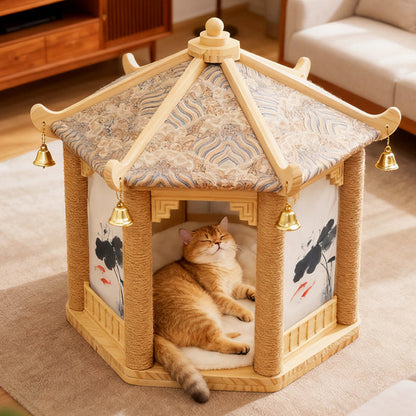 Traditional Chinese Hexagonal Solid Pine Wood Fabric Sisal Pavilion Design Cat Tree For Bedroom & Living Room