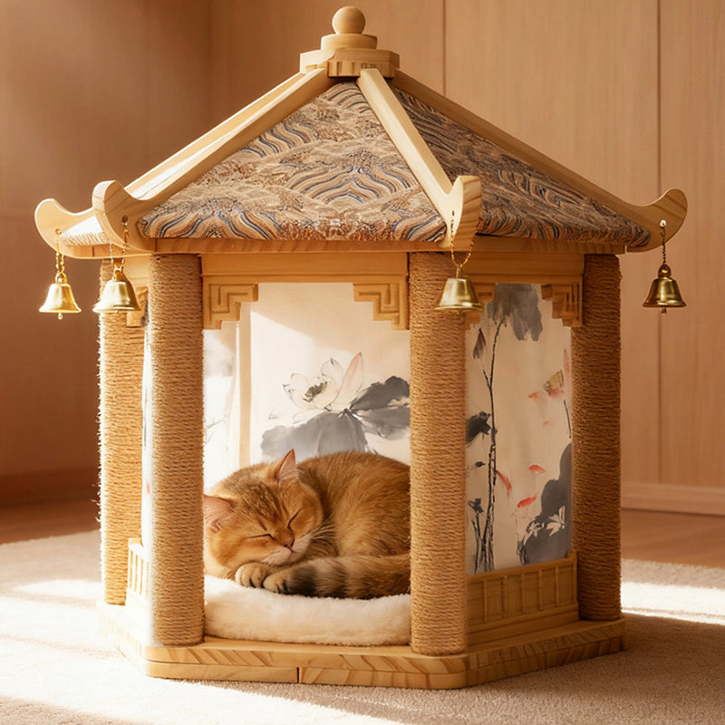 Traditional Chinese Hexagonal Solid Pine Wood Fabric Sisal Pavilion Design Cat Tree For Bedroom & Living Room