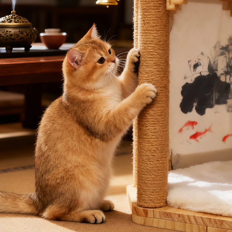 Traditional Chinese Hexagonal Solid Pine Wood Fabric Sisal Pavilion Design Cat Tree For Bedroom & Living Room