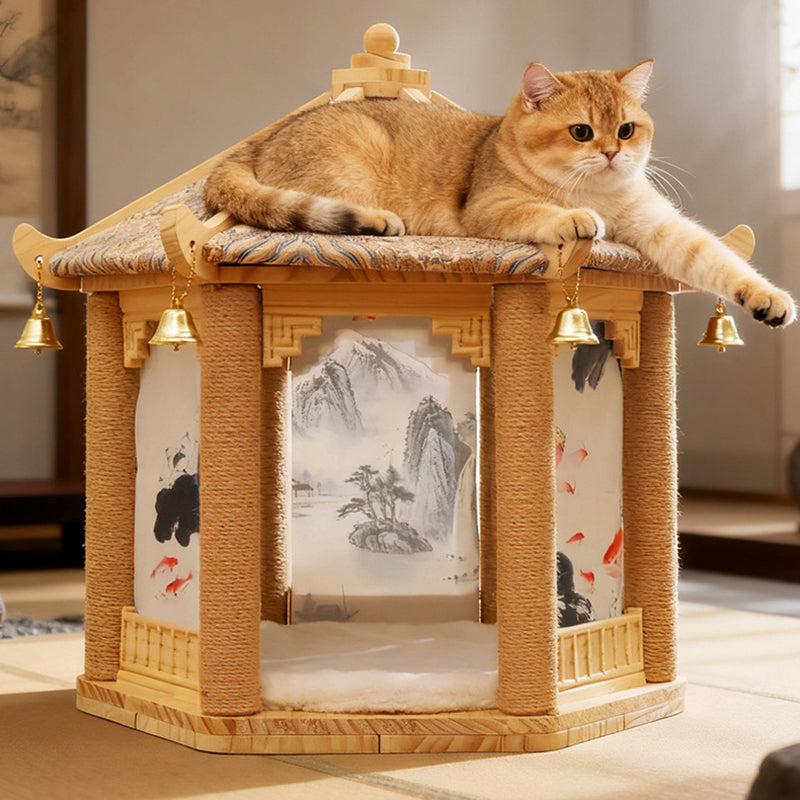 Traditional Chinese Hexagonal Solid Pine Wood Fabric Sisal Pavilion Design Cat Tree For Bedroom & Living Room