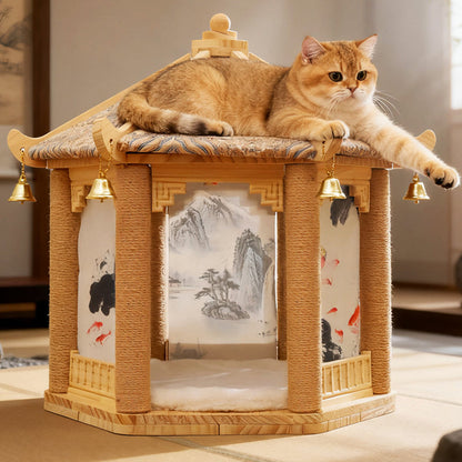 Traditional Chinese Hexagonal Solid Pine Wood Fabric Sisal Pavilion Design Cat Tree For Bedroom & Living Room