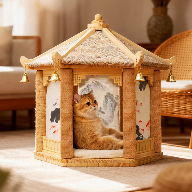 Traditional Chinese Hexagonal Solid Pine Wood Fabric Sisal Pavilion Design Cat Tree For Bedroom & Living Room