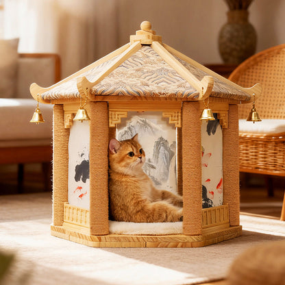 Traditional Chinese Hexagonal Solid Pine Wood Fabric Sisal Pavilion Design Cat Tree For Bedroom & Living Room