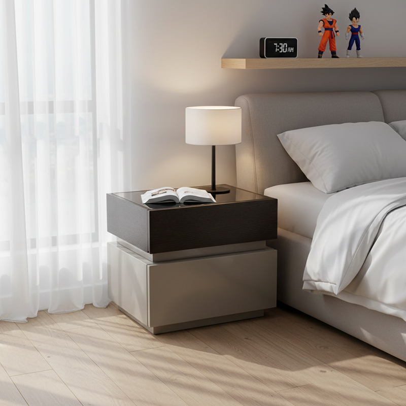 Modern Minimalist Dual-Drawer Storage Nightstand: Black & White Contrast Design - Smart Bedside Table With Sensor Light For Bedroom