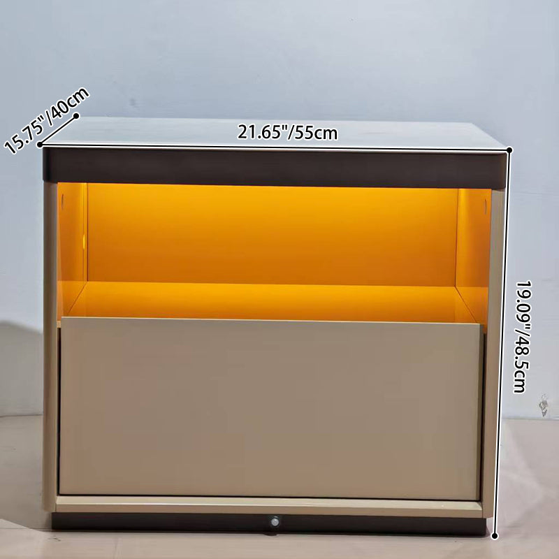 Modern Minimalist Off-White Nightstand: Marble Top & Motion-Sensor Light Design - Quiet Single-Drawer Storage Bedside Table For Bedroom