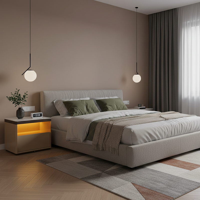 Modern Minimalist Off-White Nightstand: Marble Top & Motion-Sensor Light Design - Quiet Single-Drawer Storage Bedside Table For Bedroom
