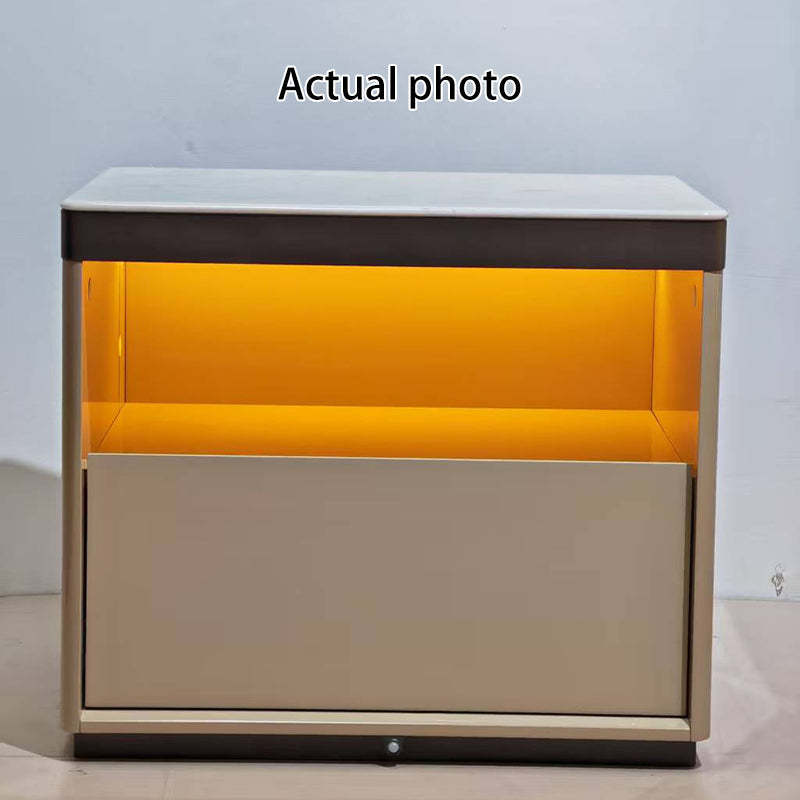 Modern Minimalist Off-White Nightstand: Marble Top & Motion-Sensor Light Design - Quiet Single-Drawer Storage Bedside Table For Bedroom