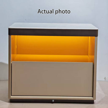 Modern Minimalist Off-White Nightstand: Marble Top & Motion-Sensor Light Design - Quiet Single-Drawer Storage Bedside Table For Bedroom