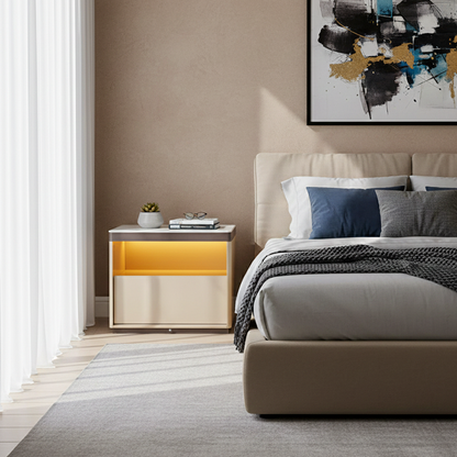 Modern Minimalist Off-White Nightstand: Marble Top & Motion-Sensor Light Design - Quiet Single-Drawer Storage Bedside Table For Bedroom