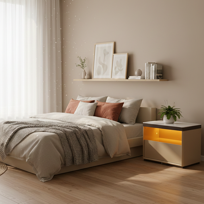 Modern Minimalist Off-White Nightstand: Marble Top & Motion-Sensor Light Design - Quiet Single-Drawer Storage Bedside Table For Bedroom