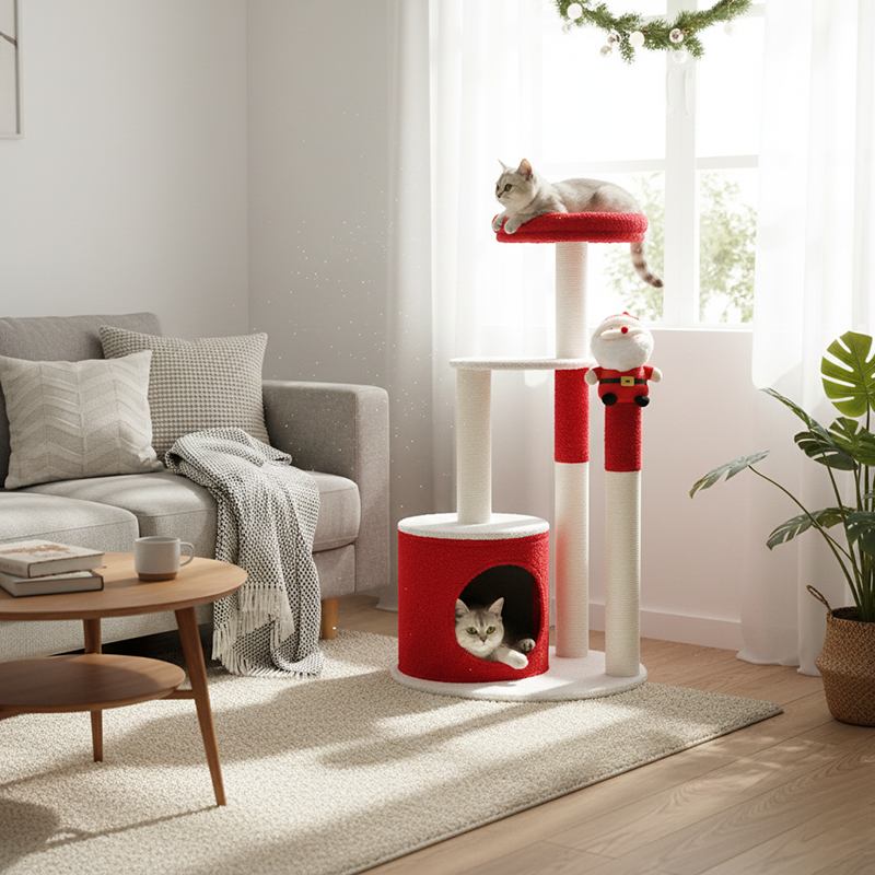 Contemporary Creative Round Particle Board Velvet Fabric Sisal Christmas Cat Tree For Living Room & Bedroom