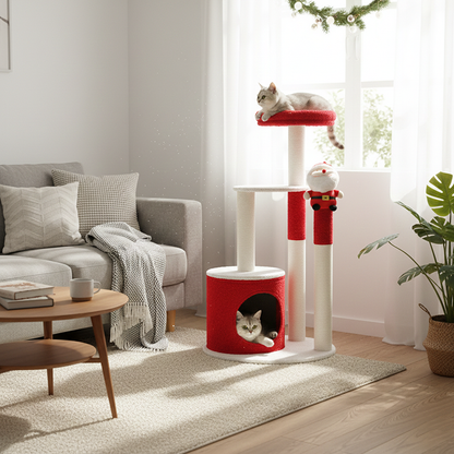 Contemporary Creative Round Particle Board Velvet Fabric Sisal Christmas Cat Tree For Living Room & Bedroom