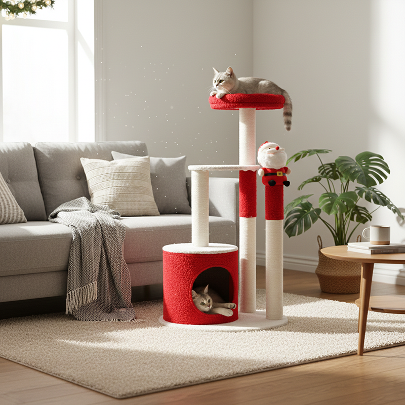 Contemporary Creative Round Particle Board Velvet Fabric Sisal Christmas Cat Tree For Living Room & Bedroom
