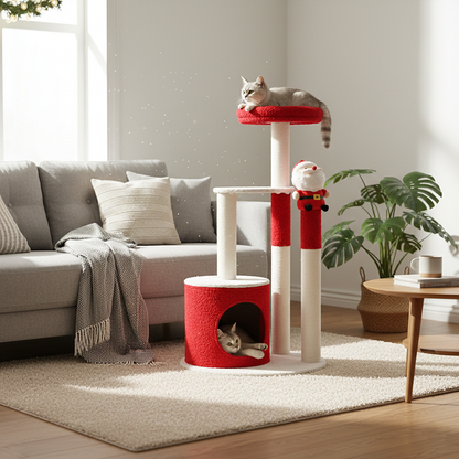Contemporary Creative Round Particle Board Velvet Fabric Sisal Christmas Cat Tree For Living Room & Bedroom