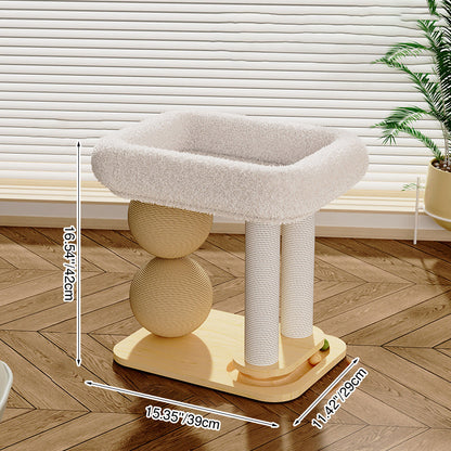 Contemporary Scandinavian Rectangular Pine Wood Velvet Fabric Sisal Cat Tree 2-Tier For Living Room & Bedroom