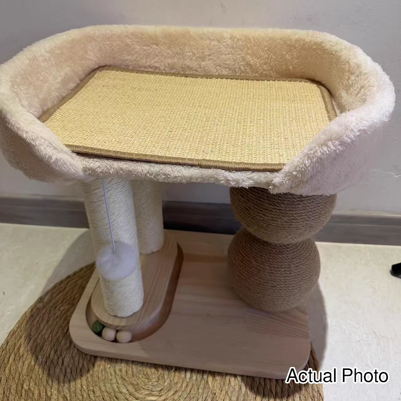 Contemporary Scandinavian Rectangular Pine Wood Velvet Fabric Sisal Cat Tree 2-Tier For Living Room & Bedroom
