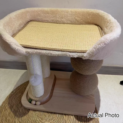 Contemporary Scandinavian Rectangular Pine Wood Velvet Fabric Sisal Cat Tree 2-Tier For Living Room & Bedroom