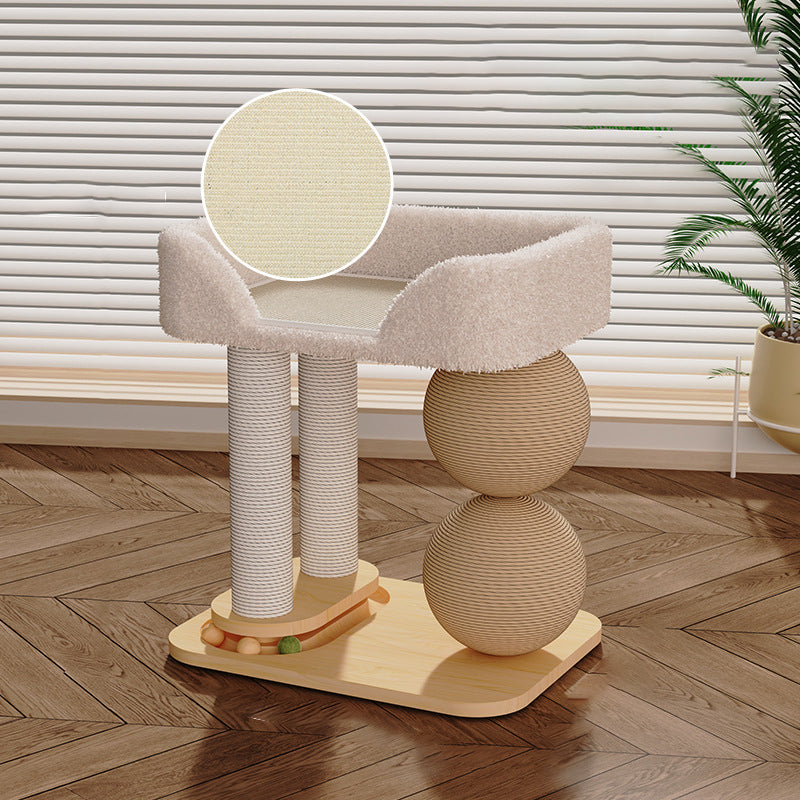Contemporary Scandinavian Rectangular Pine Wood Velvet Fabric Sisal Cat Tree 2-Tier For Living Room & Bedroom