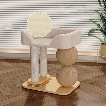 Contemporary Scandinavian Rectangular Pine Wood Velvet Fabric Sisal Cat Tree 2-Tier For Living Room & Bedroom