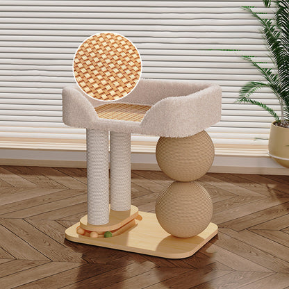 Contemporary Scandinavian Rectangular Pine Wood Velvet Fabric Sisal Cat Tree 2-Tier For Living Room & Bedroom