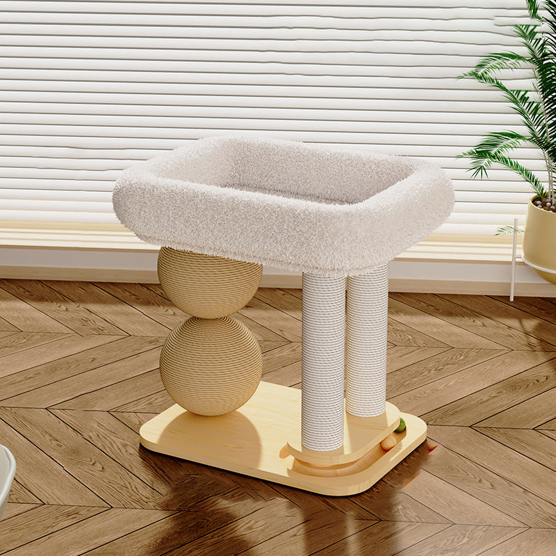 Contemporary Scandinavian Rectangular Pine Wood Velvet Fabric Sisal Cat Tree 2-Tier For Living Room & Bedroom