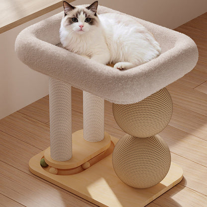 Contemporary Scandinavian Rectangular Pine Wood Velvet Fabric Sisal Cat Tree 2-Tier For Living Room & Bedroom