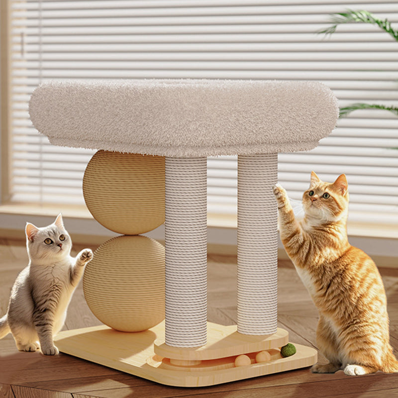 Contemporary Scandinavian Rectangular Pine Wood Velvet Fabric Sisal Cat Tree 2-Tier For Living Room & Bedroom