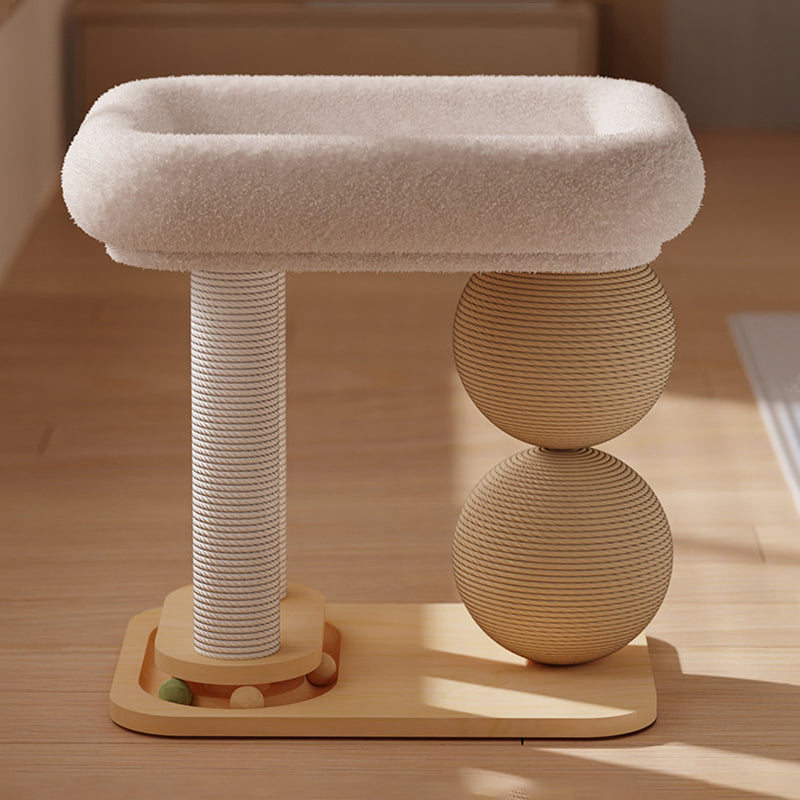 Contemporary Scandinavian Rectangular Pine Wood Velvet Fabric Sisal Cat Tree 2-Tier For Living Room & Bedroom