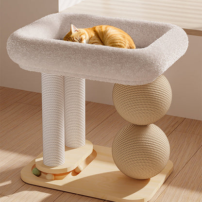 Contemporary Scandinavian Rectangular Pine Wood Velvet Fabric Sisal Cat Tree 2-Tier For Living Room & Bedroom
