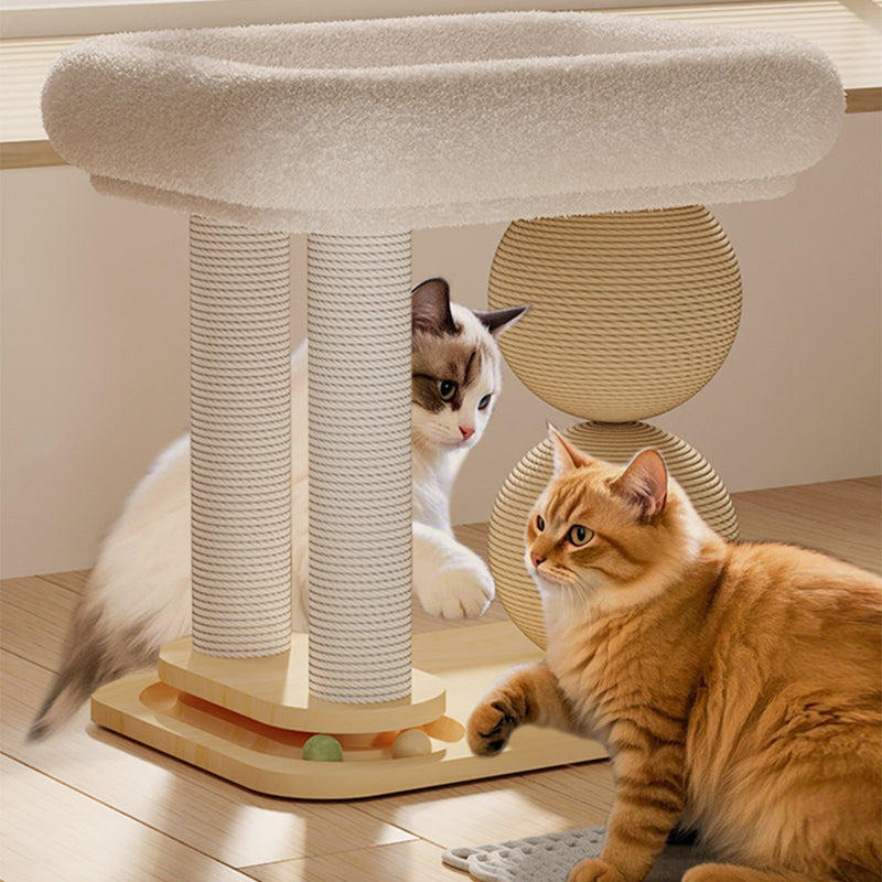 Contemporary Scandinavian Rectangular Pine Wood Velvet Fabric Sisal Cat Tree 2-Tier For Living Room & Bedroom