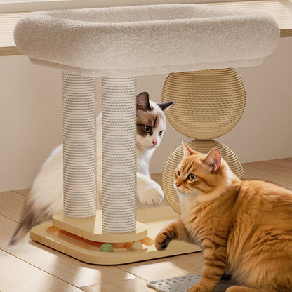 Contemporary Scandinavian Rectangular Pine Wood Velvet Fabric Sisal Cat Tree 2-Tier For Living Room & Bedroom