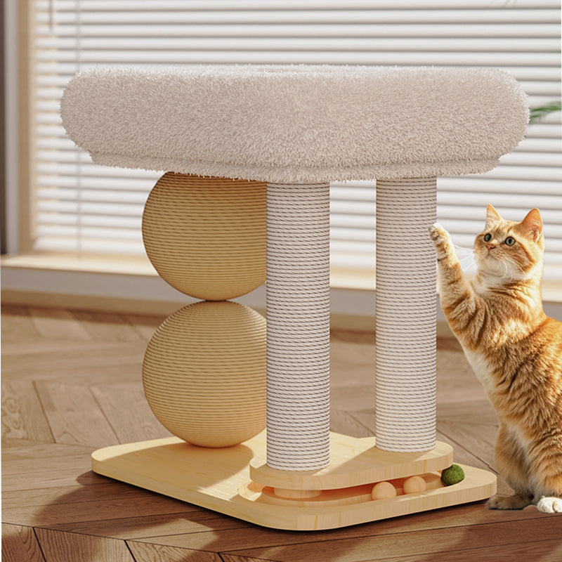 Contemporary Scandinavian Rectangular Pine Wood Velvet Fabric Sisal Cat Tree 2-Tier For Living Room & Bedroom
