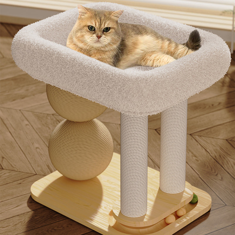 Contemporary Scandinavian Rectangular Pine Wood Velvet Fabric Sisal Cat Tree 2-Tier For Living Room & Bedroom