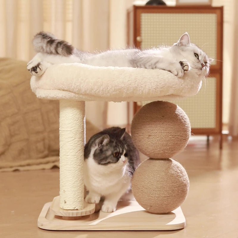 Contemporary Scandinavian Rectangular Pine Wood Velvet Fabric Sisal Cat Tree 2-Tier For Living Room & Bedroom