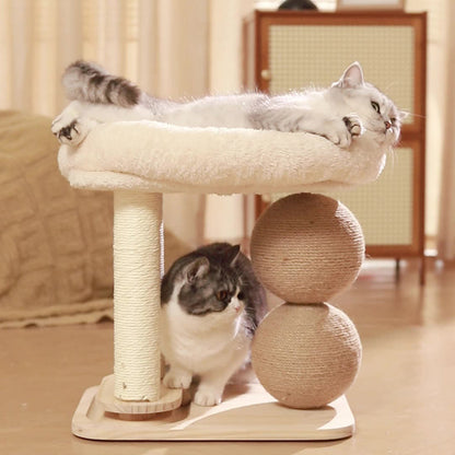 Contemporary Scandinavian Rectangular Pine Wood Velvet Fabric Sisal Cat Tree 2-Tier For Living Room & Bedroom