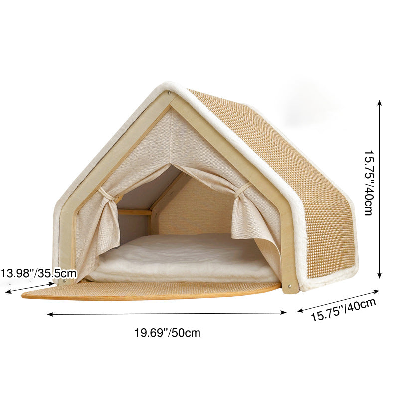 Contemporary Scandinavian Rectangular Multi-Layer Solid Wood Panel Jute Velvet Fabric Cat Bed For Bedroom