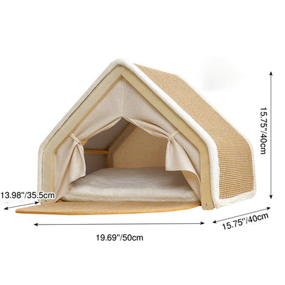 Contemporary Scandinavian Rectangular Multi-Layer Solid Wood Panel Jute Velvet Fabric Cat Bed For Bedroom