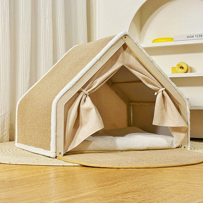 Contemporary Scandinavian Rectangular Multi-Layer Solid Wood Panel Jute Velvet Fabric Cat Bed For Bedroom