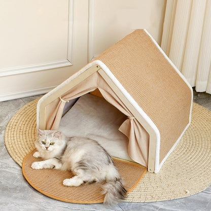 Contemporary Scandinavian Rectangular Multi-Layer Solid Wood Panel Jute Velvet Fabric Cat Bed For Bedroom