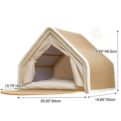 Contemporary Scandinavian Rectangular Multi-Layer Solid Wood Panel Jute Velvet Fabric Cat Bed For Bedroom