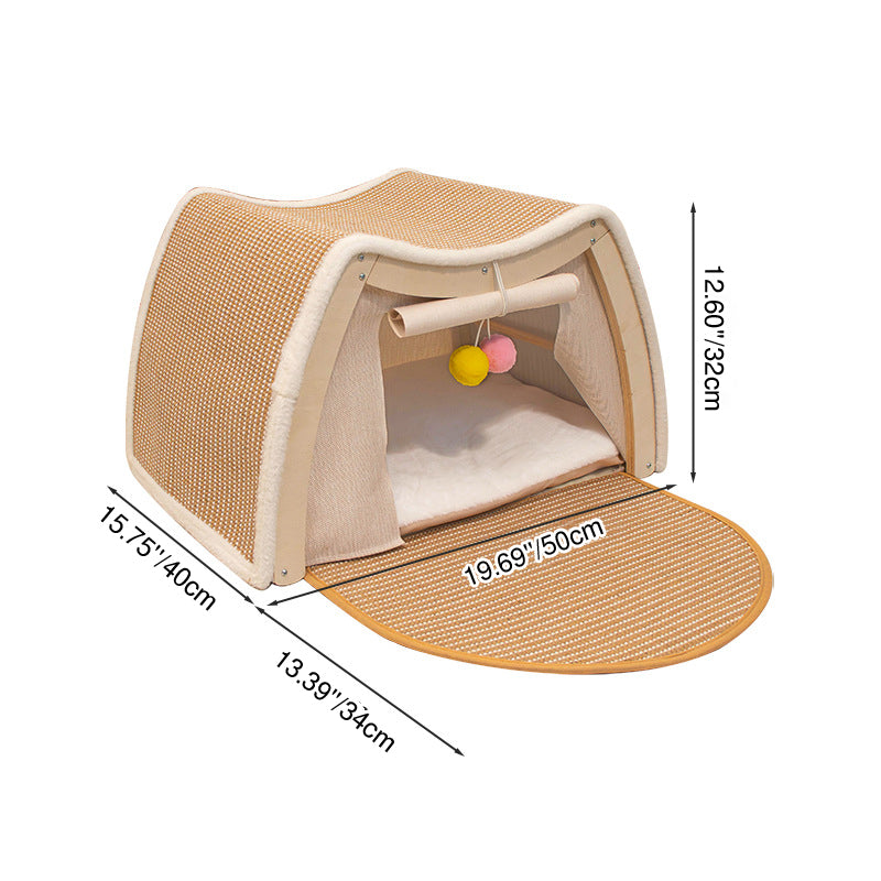 Contemporary Scandinavian Rectangular Multi-Layer Solid Wood Panel Jute Velvet Fabric Cat Bed For Bedroom