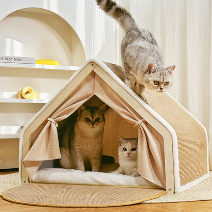 Contemporary Scandinavian Rectangular Multi-Layer Solid Wood Panel Jute Velvet Fabric Cat Bed For Bedroom