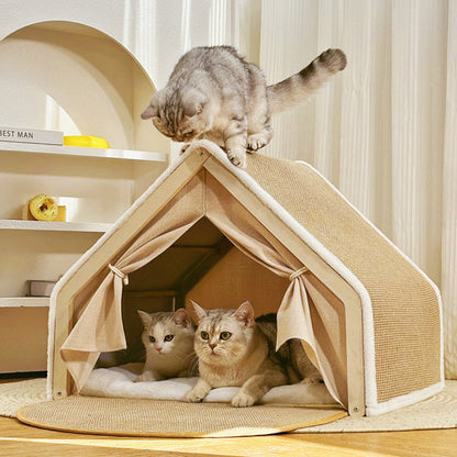 Contemporary Scandinavian Rectangular Multi-Layer Solid Wood Panel Jute Velvet Fabric Cat Bed For Bedroom
