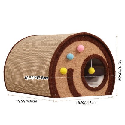 Contemporary Creative Round Multi-Layer Solid Wood Panel Jute Velvet Fabric Cake Roll-Shaped Cat Bed For Bedroom